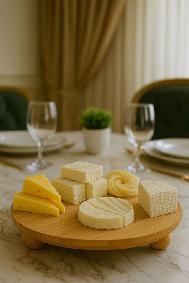 ENYAZA(2024) Bambu Top Ayaklı Sunumluk 25x25 cm – Şık Pasta & Tatlı Kahvaltı Servis Tabağı