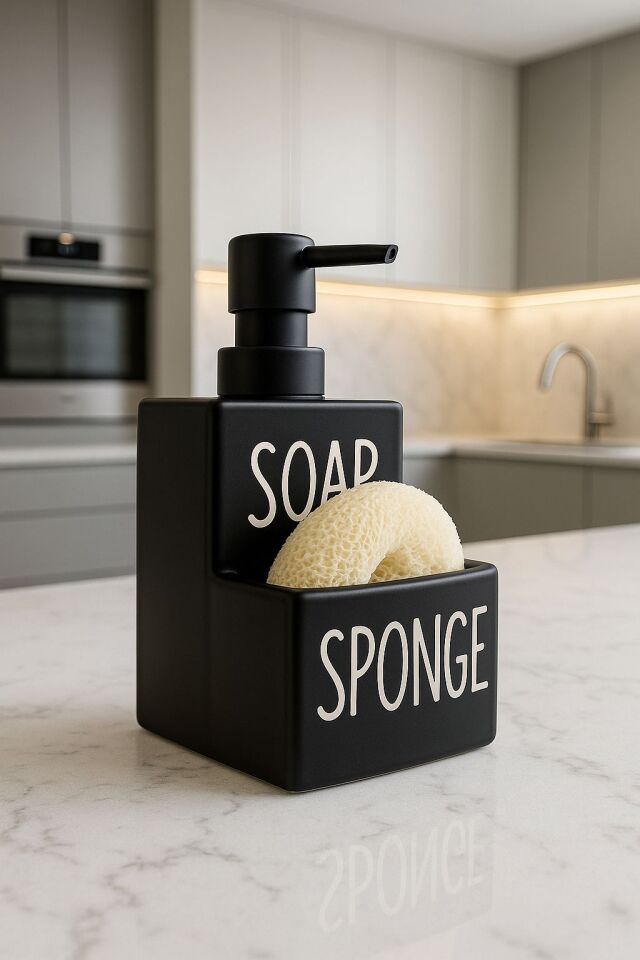 ENYAZA(2024) Siyah Porselen Süngerli Sıvı Sabunluk (Soap&Sponge)
