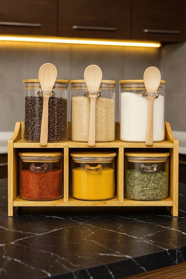 ENYAZA(2024) 6lı Bambu Stantlı Kaşıklı Borosilikat Cam Optik Çizgili Baharatlık Seti 430 ml+330 ml