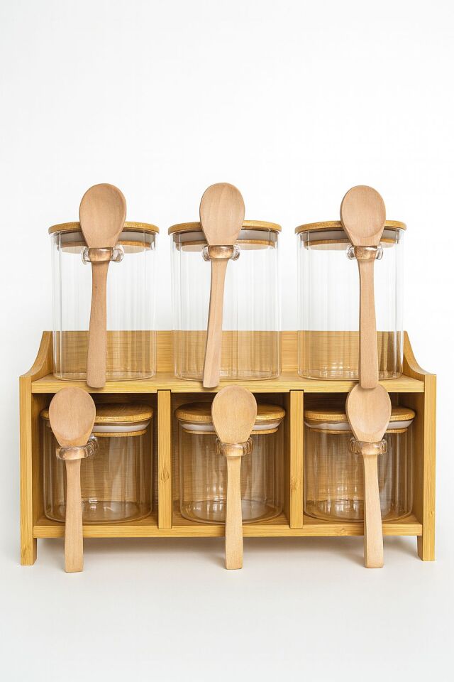 ENYAZA(2024) 6lı Bambu Stantlı Kaşıklı Borosilikat Cam Optik Çizgili Baharatlık Seti 430 ml+330 ml