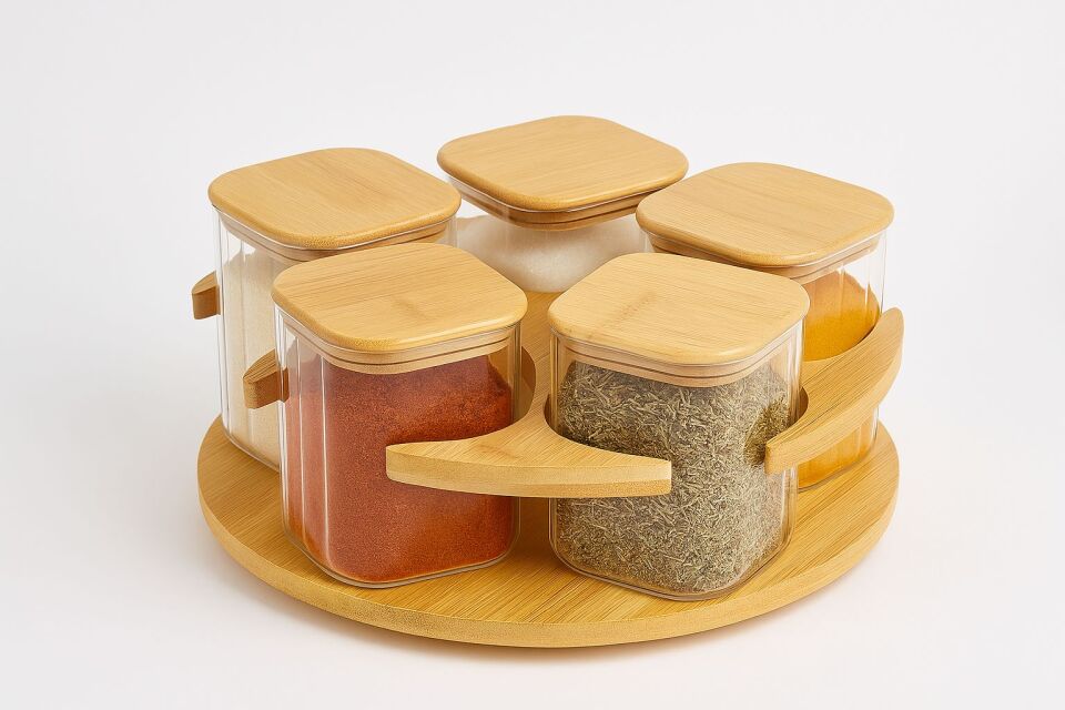 ENYAZA(2024) 5'Li Bambu Dönen Stantlı Kare Cam Baharatlık Seti Baharat Kaşıklı Çeyiz Ve Mutfak Seti 400 Ml