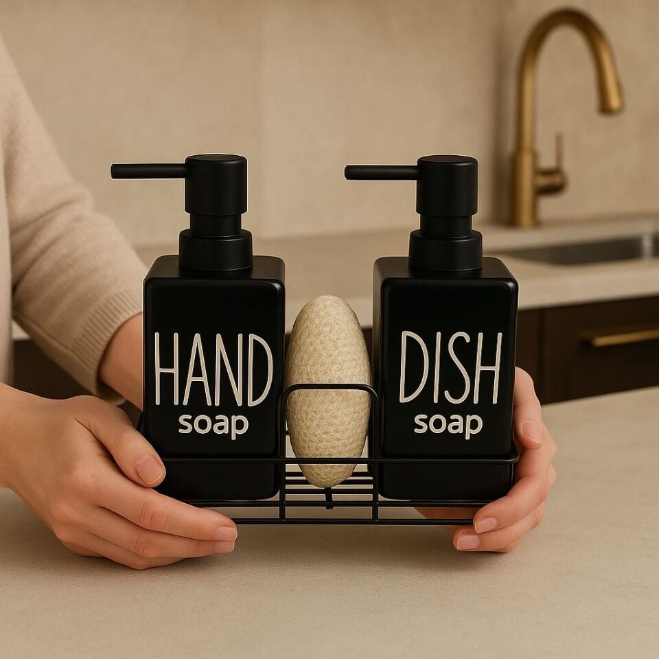 ENYAZA(2024) 2'li Siyah Metal Stantlı ve Süngerli Sıvı Sabunluk Kare Mutfak ve Banyo Seti Hand Dish Fenomen Set Siyah