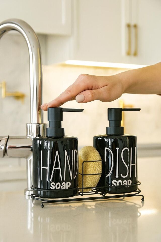 ENYAZA(2024) 2'li Metal Stantlı ve Süngerli Sıvı Sabunluk Mutfak ve Banyo Seti Hand Dish Fenomen Set 500 ML Siyah